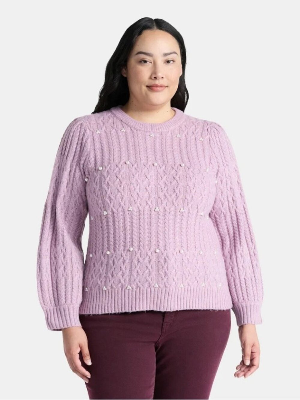 Terra & Sky Pearl Embellished Cable Knit Sweater 0X (14W) Iced Lavender Heather